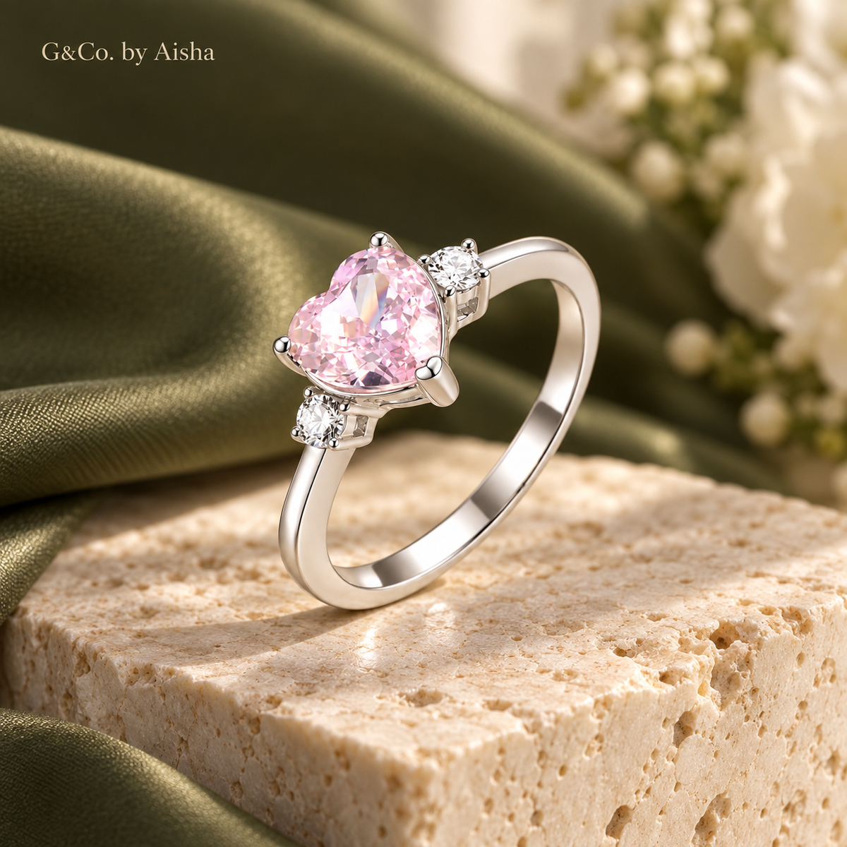 Blush pink heart CZ three-stone ring, view 3: 7 mm pink heart CZ between two round white CZ, 925 sterling silver, Dubai