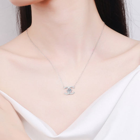 Celeste double-C moissanite pendant necklace, view 2: 6.5 mm moissanite in a double-C pendant, 925 sterling silver, Dubai