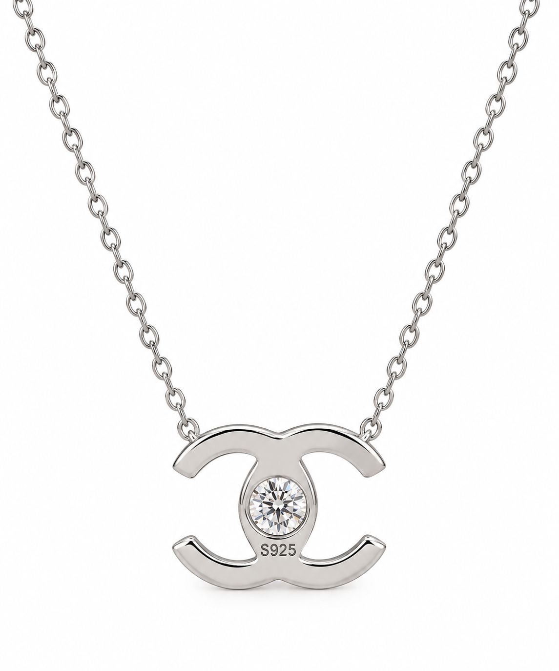 Celeste double-C moissanite pendant necklace, view 5: 6.5 mm moissanite in a double-C pendant, 925 sterling silver, Dubai