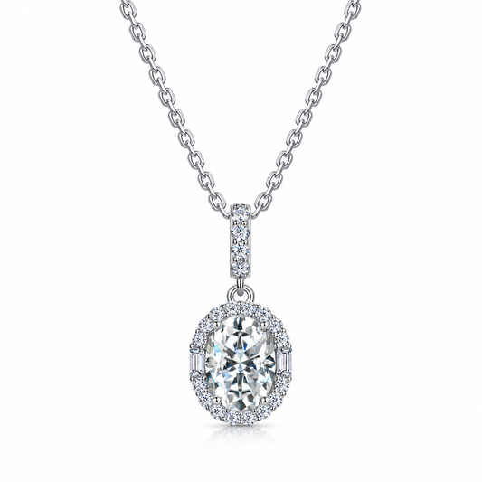 Celestia oval halo moissanite pendant necklace close-up: 6 x 8 mm oval moissanite in a halo with baguette accents, Dubai