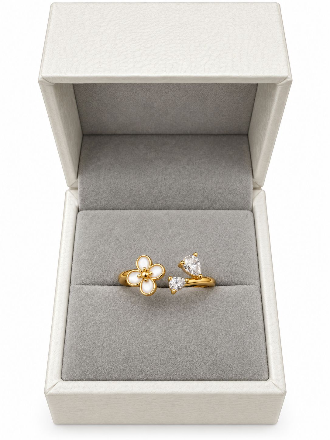 Cleo mother-of-pearl flower CZ open ring, view 4: mother-of-pearl flower with CZ on an open gold-tone band, Dubai