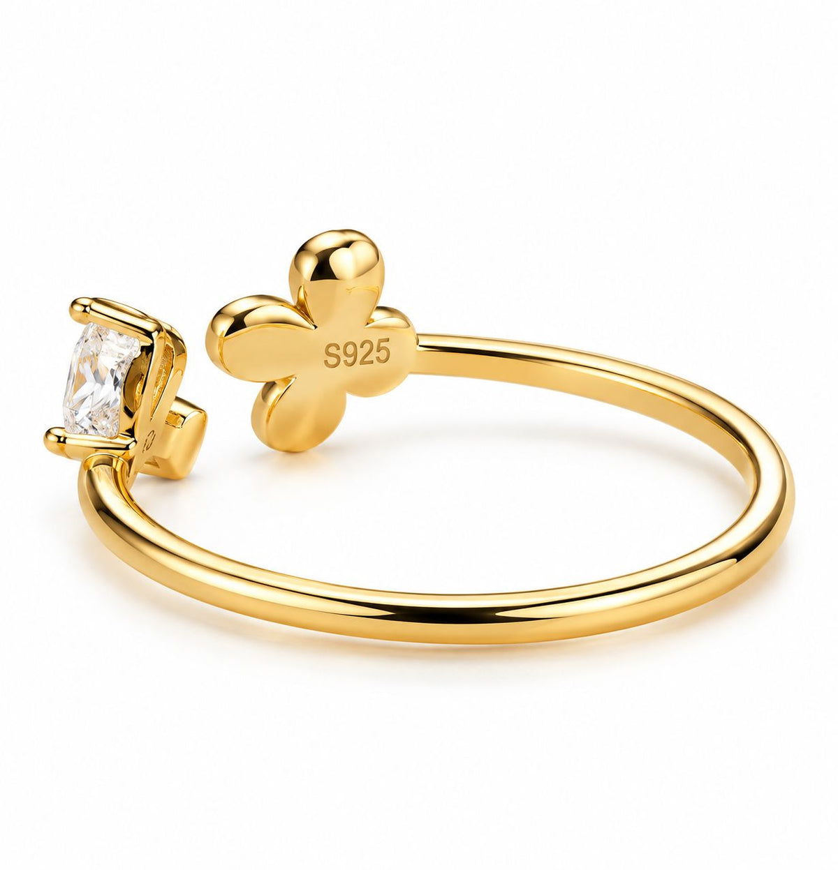 Cleo mother-of-pearl flower CZ open ring, view 5: mother-of-pearl flower with CZ on an open gold-tone band, Dubai