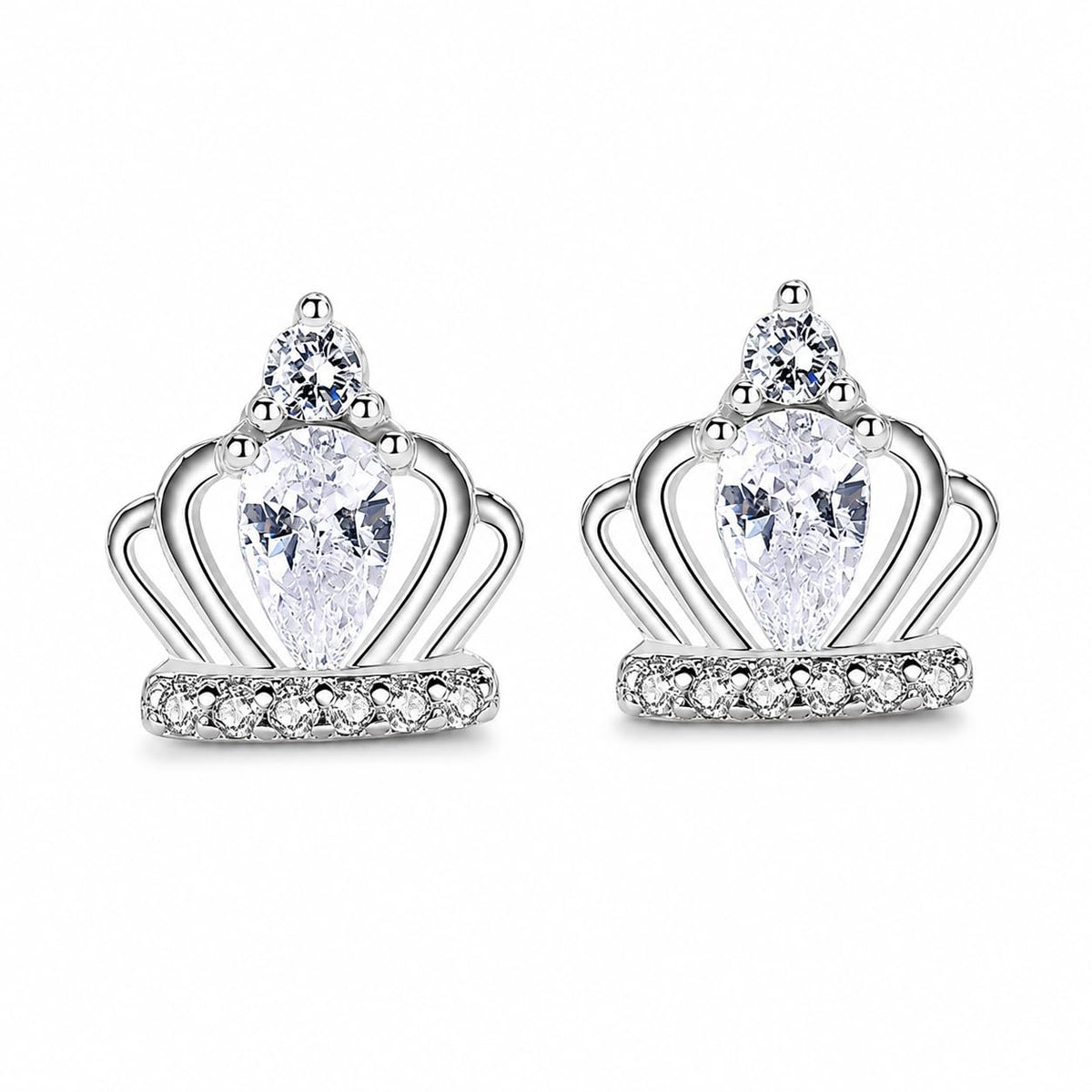 Crown pear-cut zircon stud earrings close-up: crown-shaped studs with pear-cut zircon stones, 925 sterling silver, Dubai