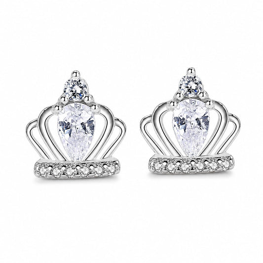 Crown pear-cut zircon stud earrings close-up: crown-shaped studs with pear-cut zircon stones, 925 sterling silver, Dubai