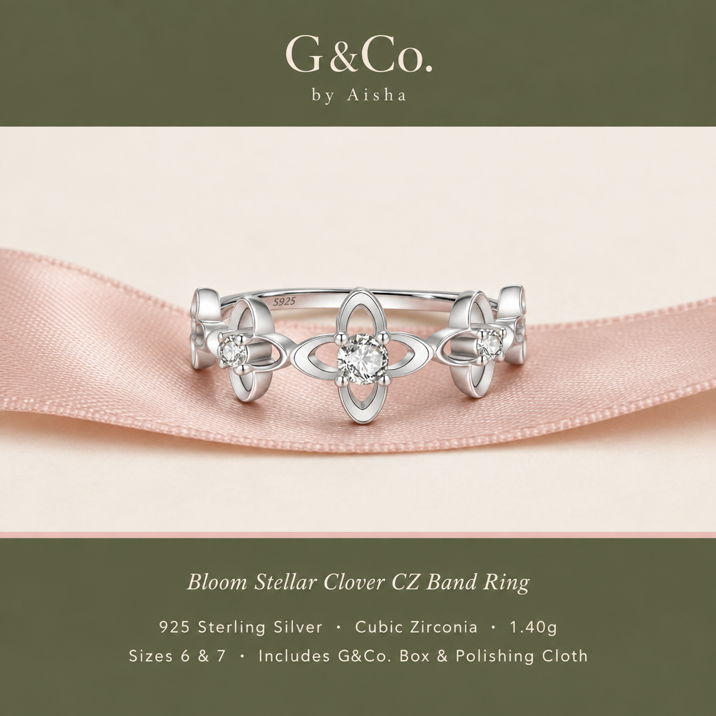 Dunya stellar clover CZ band ring, view 3: full band of open clover motifs set with CZ, 925 sterling silver, Dubai