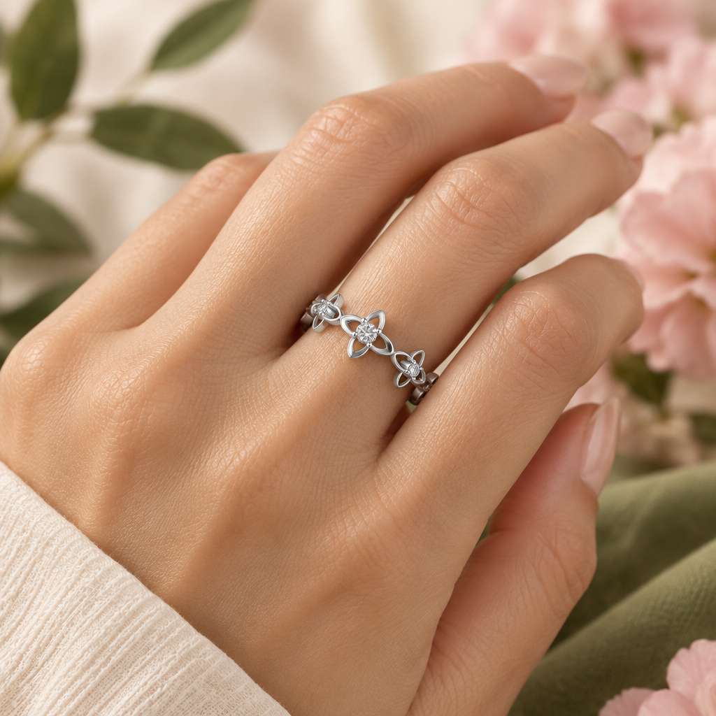 Dunya stellar clover CZ band ring, view 7: full band of open clover motifs set with CZ, 925 sterling silver, Dubai