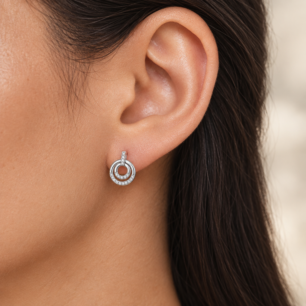 Duo double circle CZ drop stud earrings, view 4: pavé bar with a double open circle drop, 925 sterling silver, Dubai