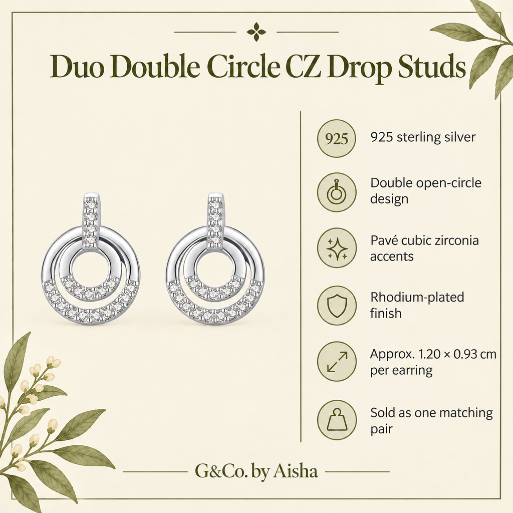 Duo double circle CZ drop stud earrings, view 2: pavé bar with a double open circle drop, 925 sterling silver, Dubai