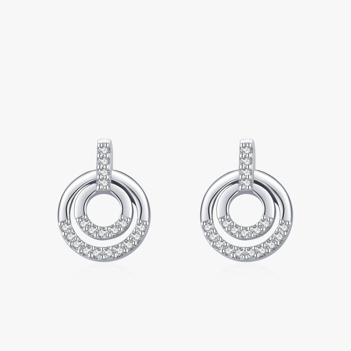Duo double circle CZ drop stud earrings close-up: pavé bar with a double open circle drop, 925 sterling silver, Dubai