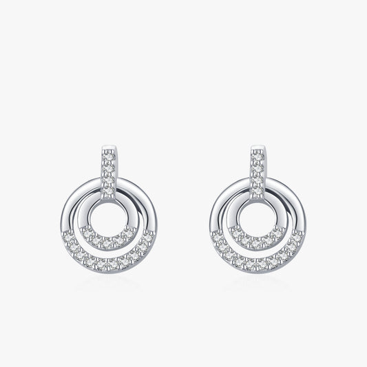 Duo double circle CZ drop stud earrings close-up: pavé bar with a double open circle drop, 925 sterling silver, Dubai