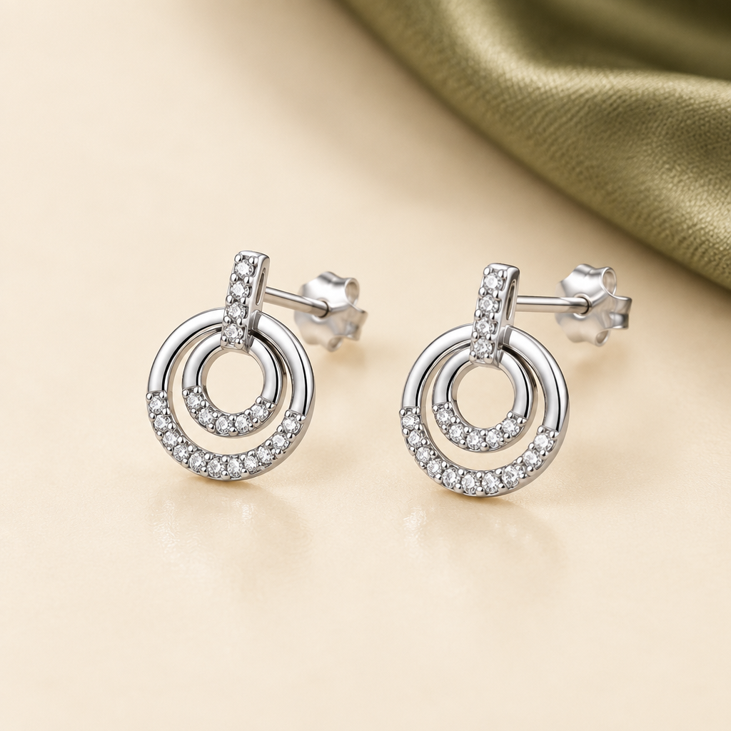 Duo double circle CZ drop stud earrings, view 3: pavé bar with a double open circle drop, 925 sterling silver, Dubai
