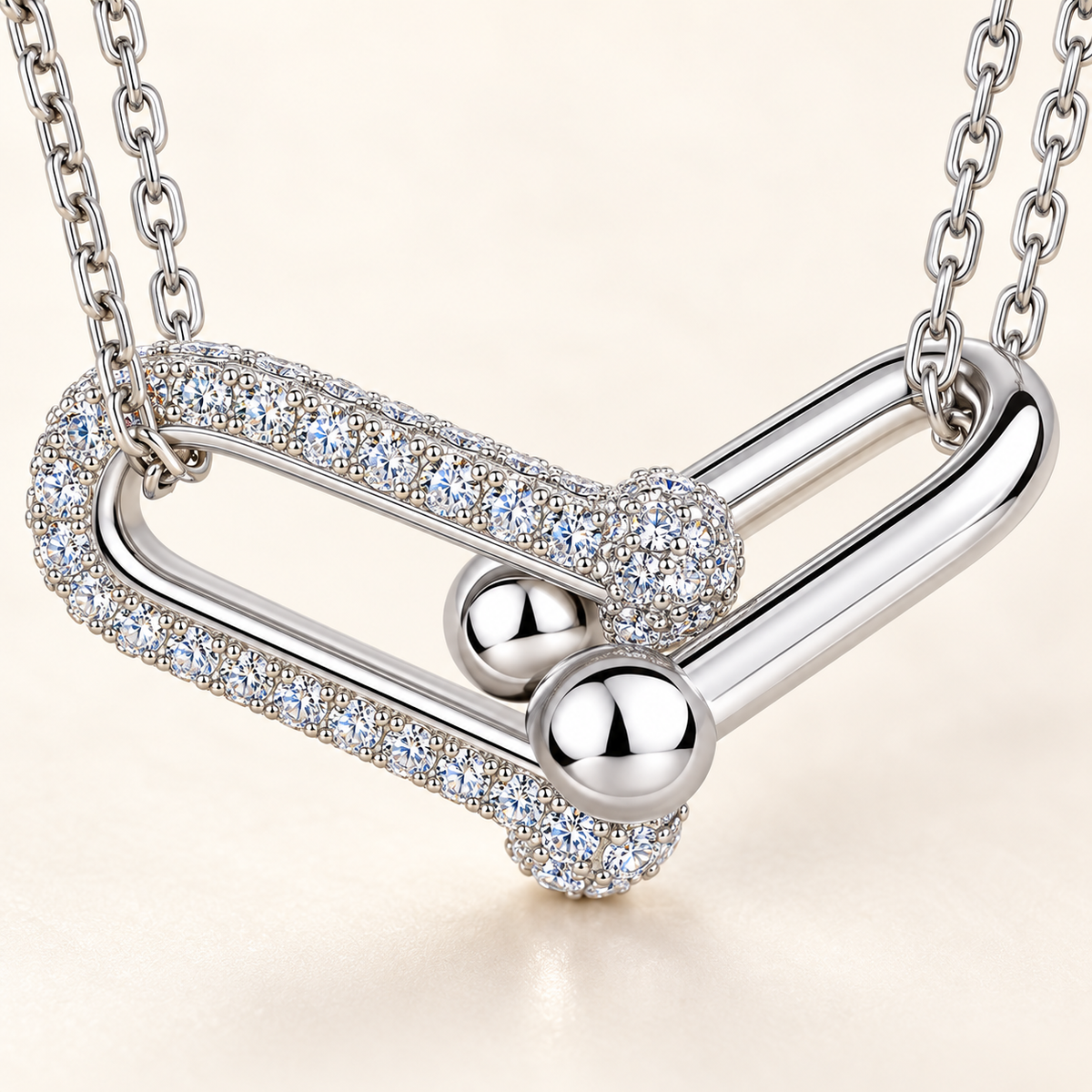 Élan twin-link moissanite necklace, view 4: polished link joined to a pavé moissanite link on a double chain, Dubai