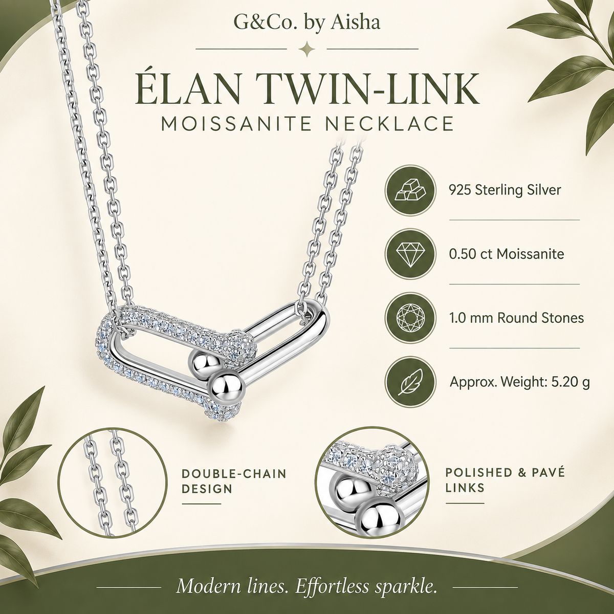 Élan twin-link moissanite necklace, view 2: polished link joined to a pavé moissanite link on a double chain, Dubai