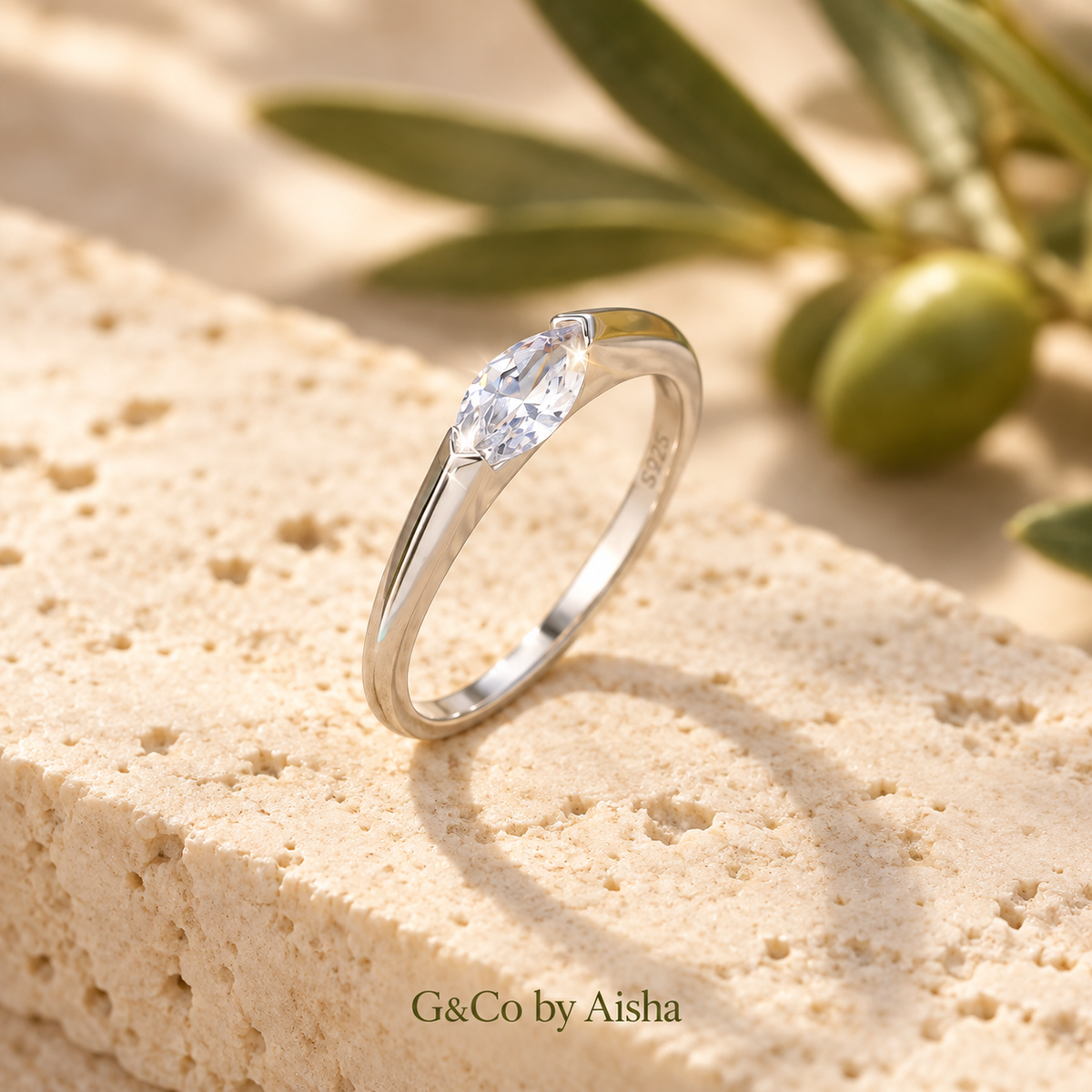 Elara east–west marquise ring, view 2: marquise CZ set sideways across a slender band, 925 sterling silver, Dubai