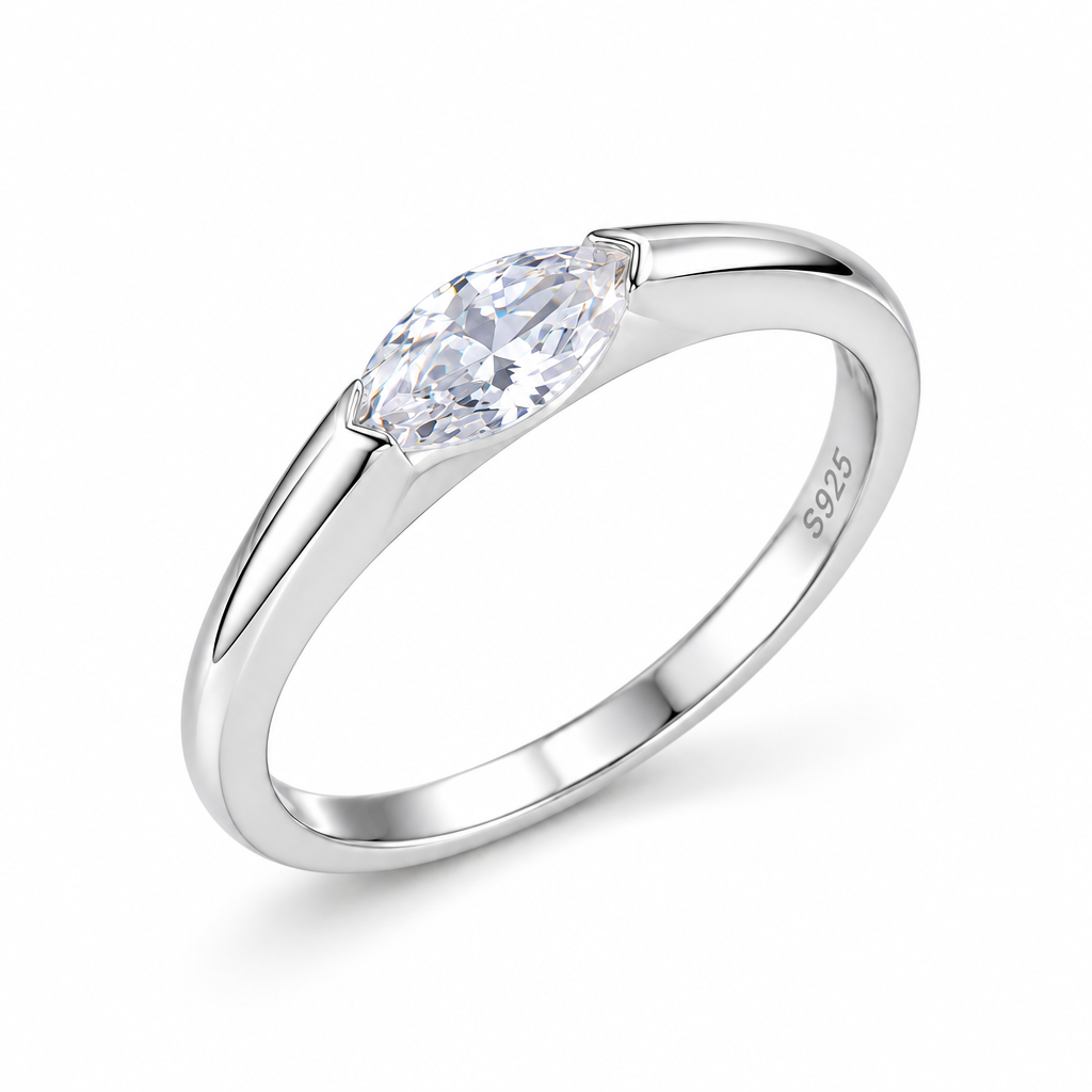 Elara east–west marquise ring close-up: marquise CZ set sideways across a slender band, 925 sterling silver, Dubai