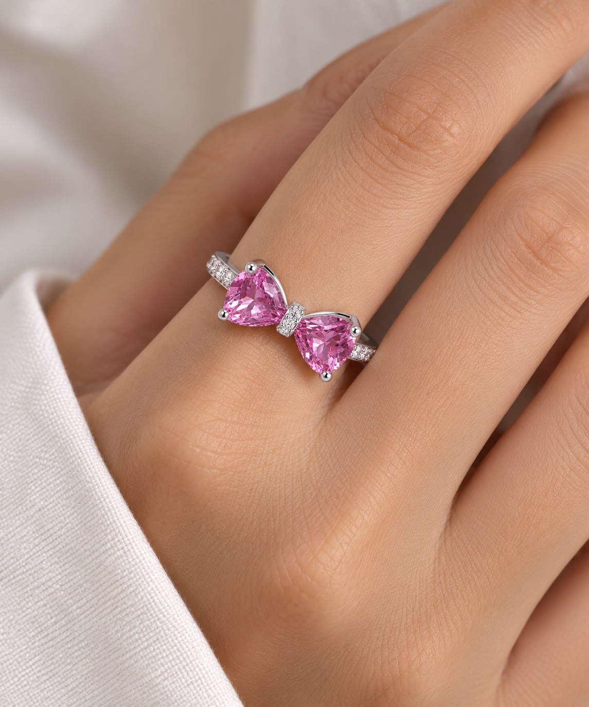Elodie pink CZ bow ring, view 2: playful bow of pink CZ with clear accents, 925 sterling silver, Dubai