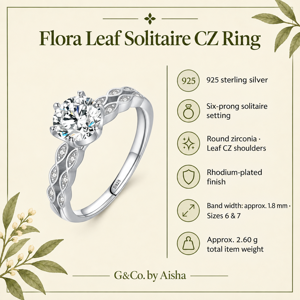 Flora leaf solitaire CZ ring, view 2: round CZ in six prongs with leaf-patterned shoulders, 925 sterling silver, Dubai
