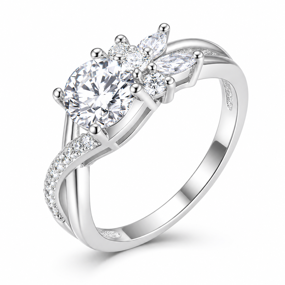 Hana botanical moissanite crossover ring close-up: 6.5 mm moissanite on a botanical crossover band, Dubai