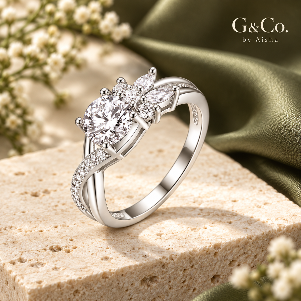 Hana botanical moissanite crossover ring, view 3: 6.5 mm moissanite on a botanical crossover band, Dubai