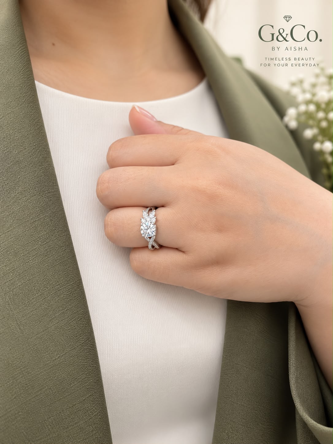 Hana botanical moissanite crossover ring, view 4: 6.5 mm moissanite on a botanical crossover band, 925 sterling silver, Dubai