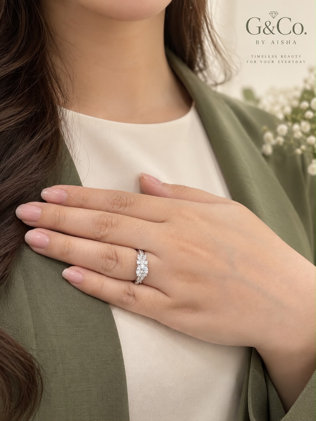 Hana botanical moissanite crossover ring, view 5: 6.5 mm moissanite on a botanical crossover band, 925 sterling silver, Dubai