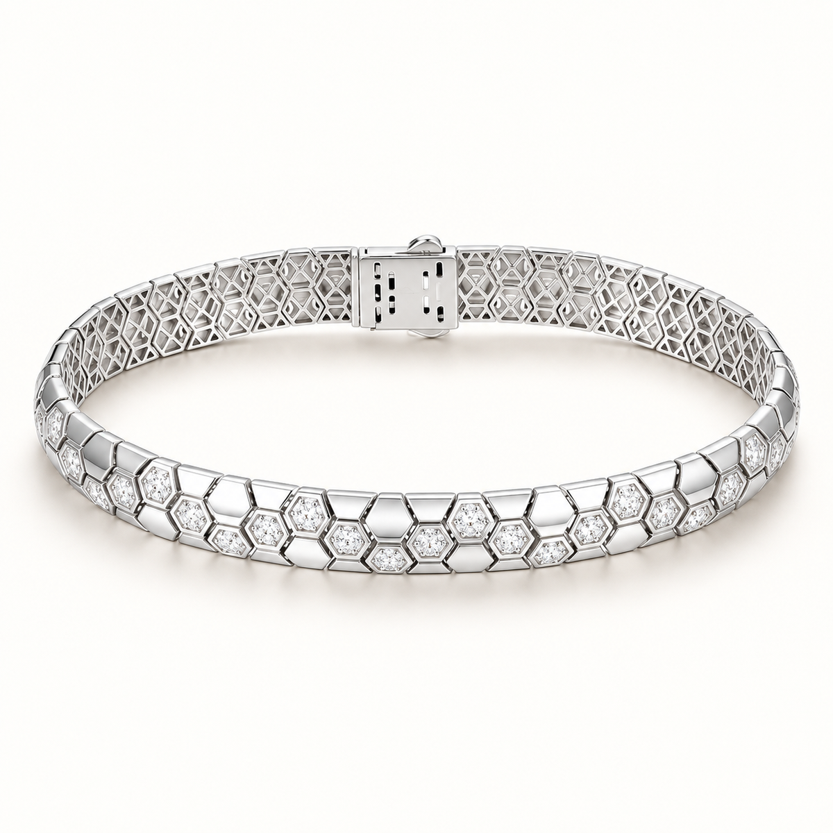 Hexelle honeycomb CZ bracelet close-up: linked hexagon honeycomb bracelet set with white CZ, 925 sterling silver, Dubai