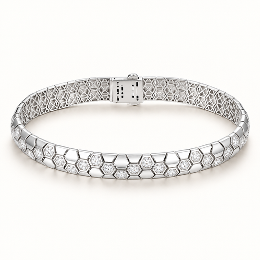 Hexelle honeycomb CZ bracelet close-up: linked hexagon honeycomb bracelet set with white CZ, 925 sterling silver, Dubai