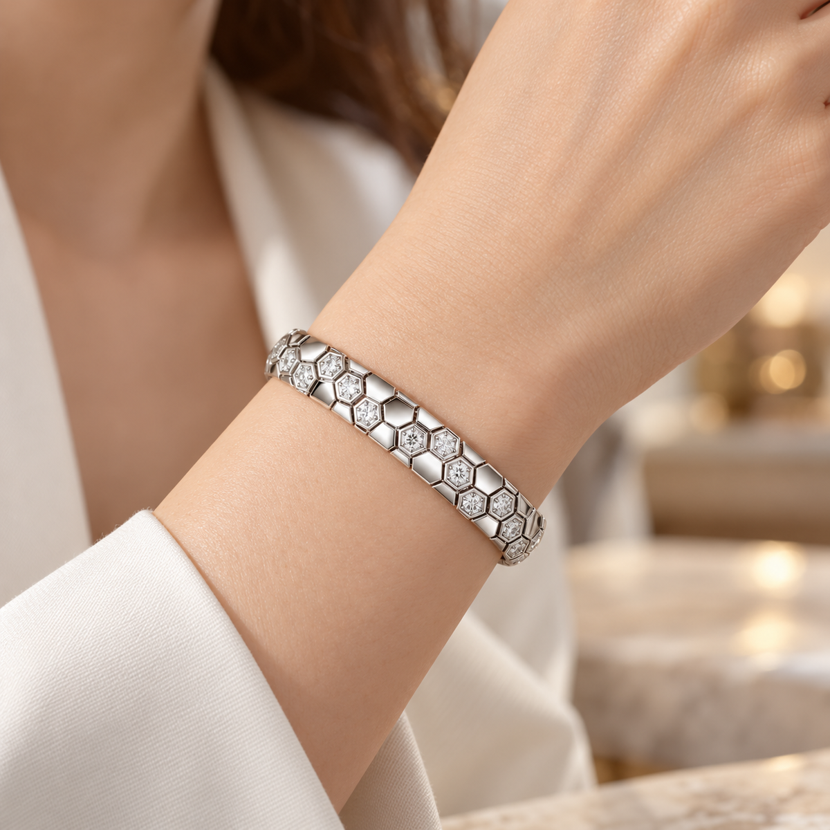 Hexelle honeycomb CZ bracelet, view 3: linked hexagon honeycomb bracelet set with white CZ, 925 sterling silver, Dubai