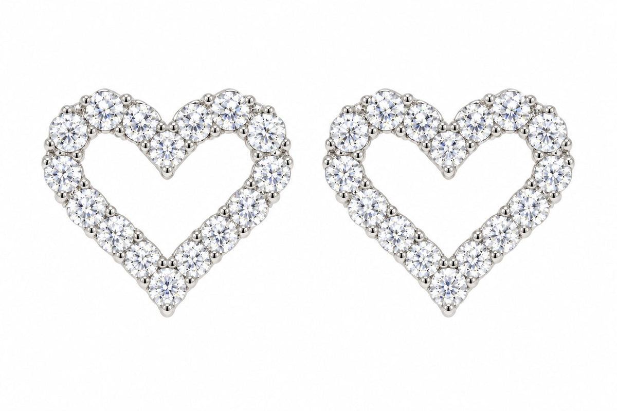 Hiba open-heart moissanite stud earrings close-up: open-heart studs set with small round moissanite, Dubai
