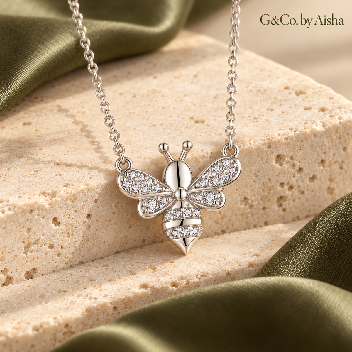 Honeylight pavé bee moissanite necklace, view 3: petite bee pendant with pavé wings and stone-set body, Dubai