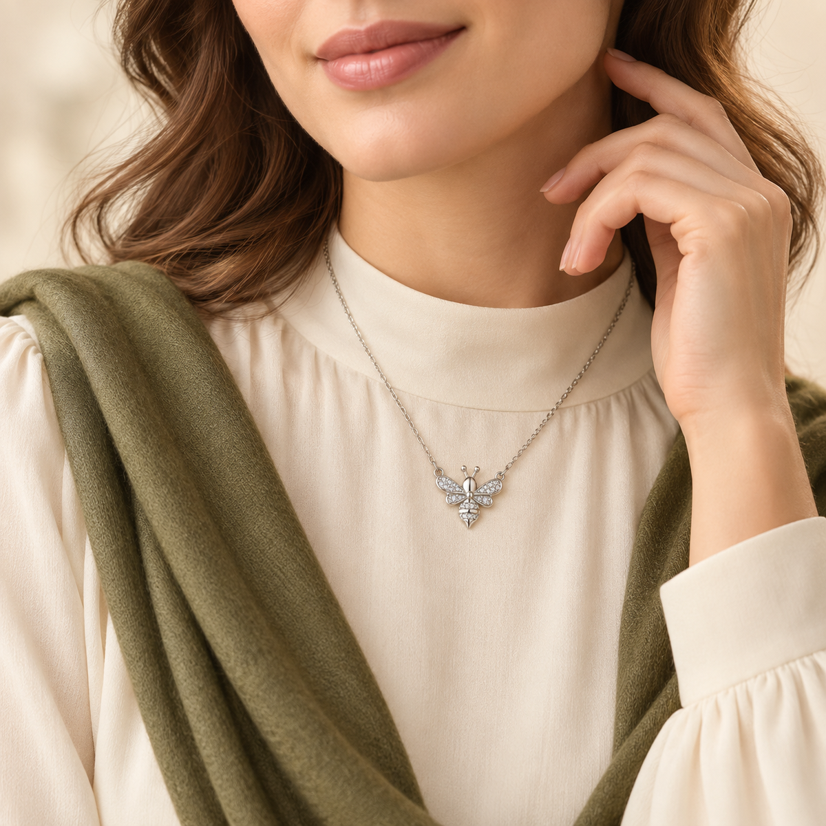 Honeylight pavé bee moissanite necklace, view 4: petite bee pendant with pavé wings and stone-set body, Dubai
