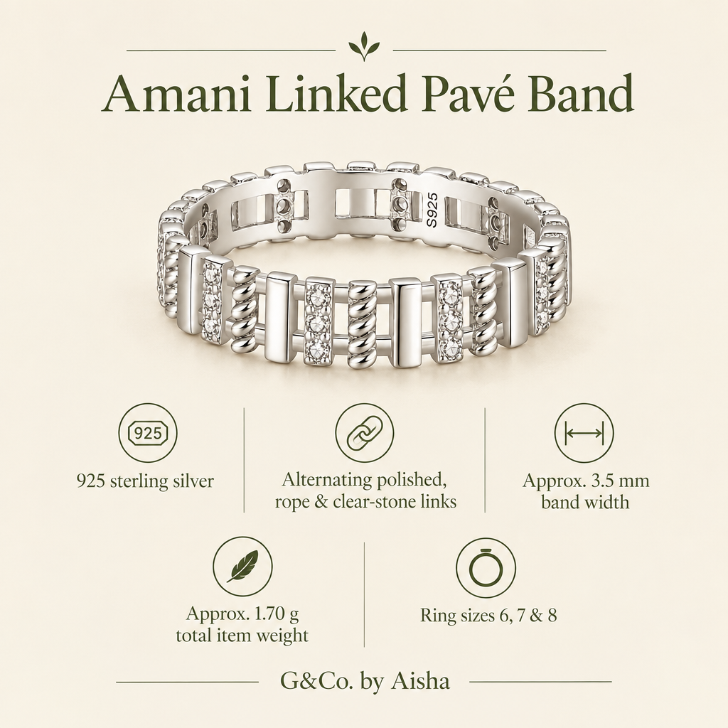 Infographic: 925 sterling silver linked band with polished, twisted and clear-stone links; approx. 3.5 mm wide, 1.70 g total item weight, sizes 6, 7 and 8