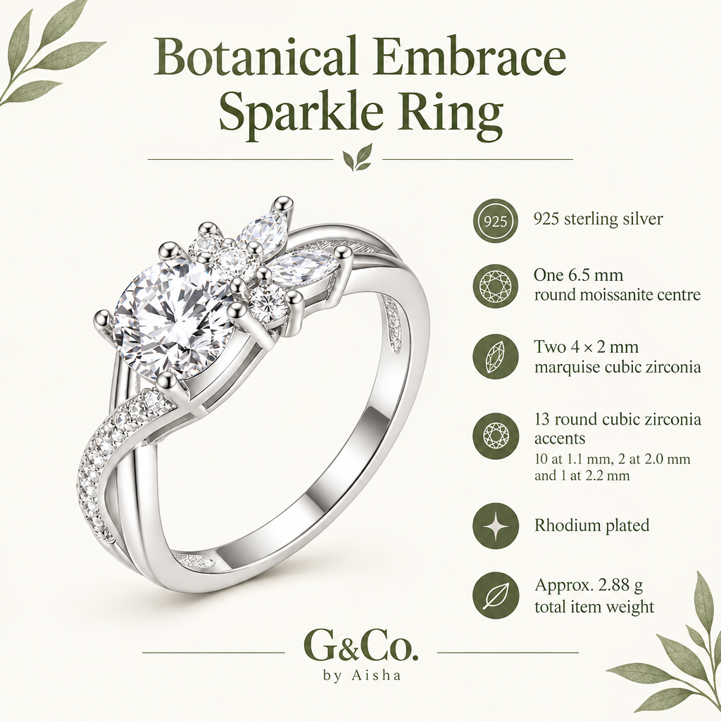 Infographic showing 925 sterling silver, moissanite centre, cubic zirconia accents, rhodium plating and approx. 2.88 g total item weight
