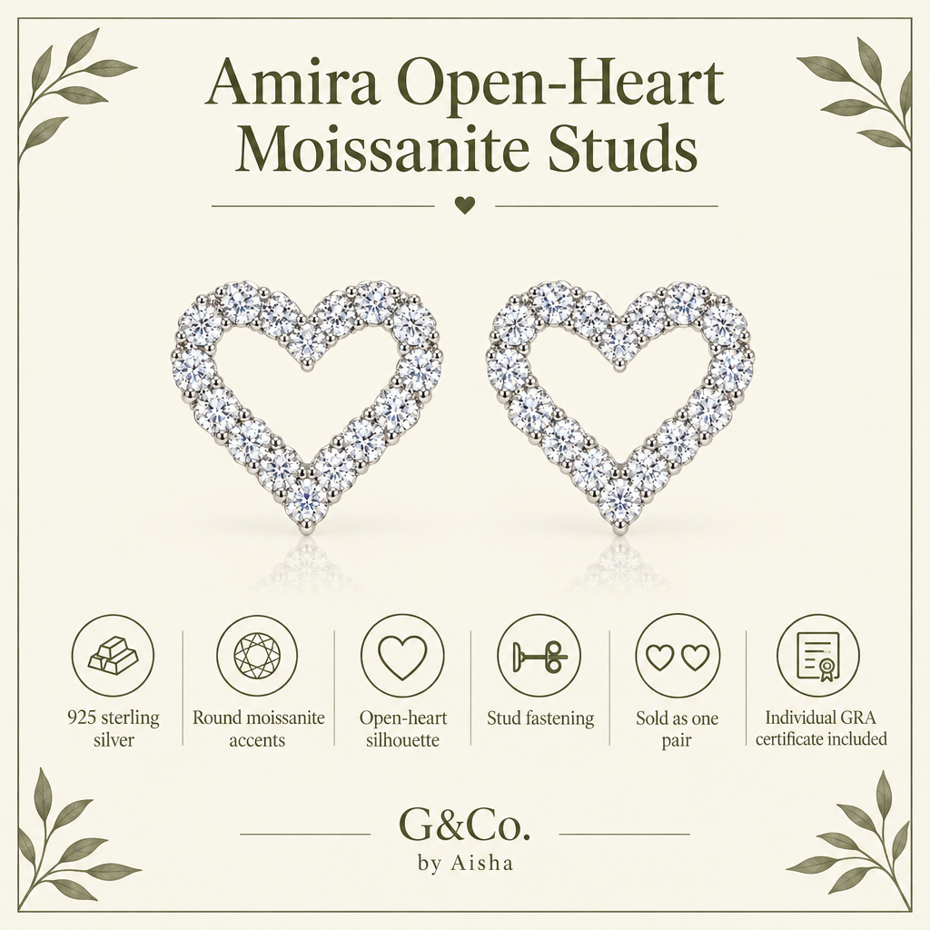 Open-heart moissanite stud earrings infographic: 925 sterling silver, round moissanite accents, sold as a pair with an individual GRA certificate