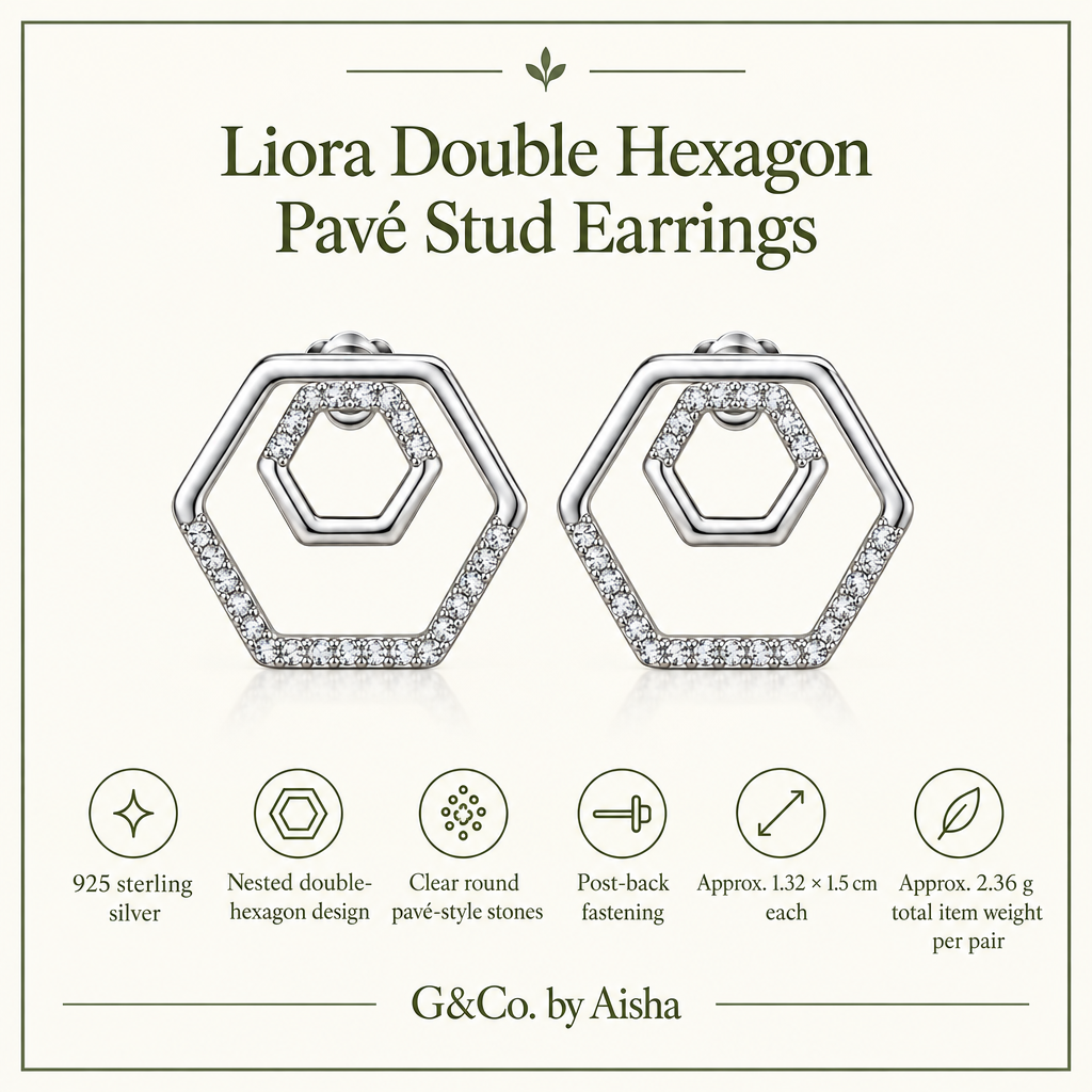 Infographic: 925 sterling silver nested hexagon studs, clear stones, post backs, approx. 1.32 × 1.5 cm each and 2.36 g total item weight per pair