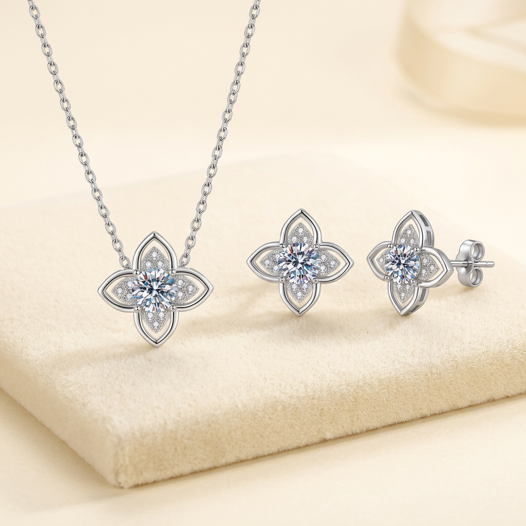 Roma four-petal sterling silver moissanite necklace and matching pair of stud earrings on a cream display
