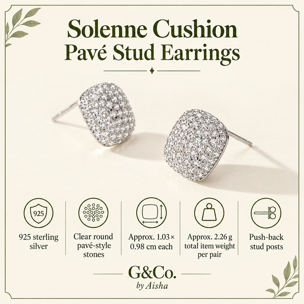 Infographic: 925 sterling silver cushion-square stud earrings with clear round pavé-style stones, approx. 1.03 × 0.98 cm each, 2.26 g total item weight per pair
