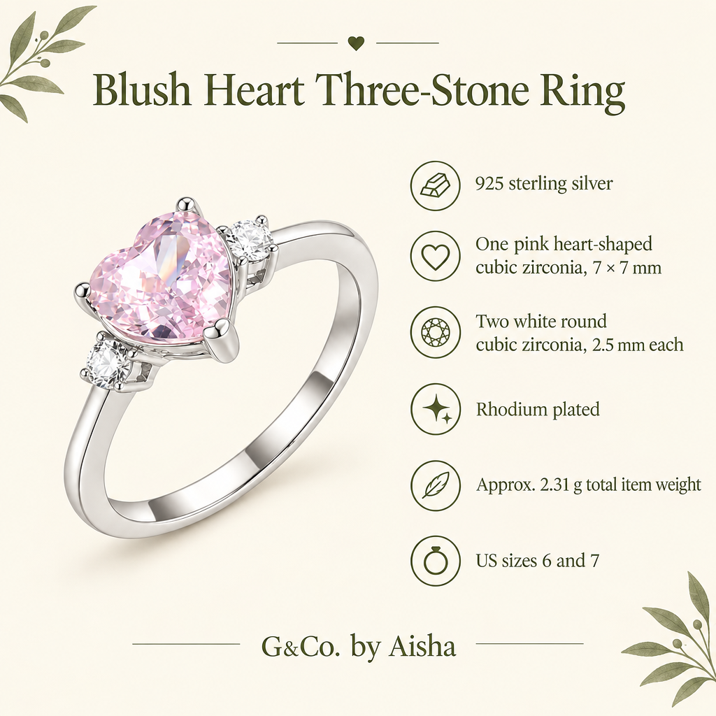 Infographic: 925 sterling silver, pink heart cubic zirconia, two white cubic zirconia, rhodium plating and approx. 2.31 g total item weight
