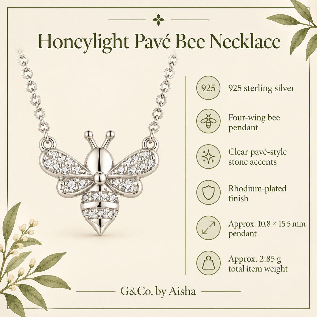 Infographic: 925 sterling silver bee necklace, rhodium-plated finish, approx. 10.8 × 15.5 mm pendant and 2.85 g total item weight