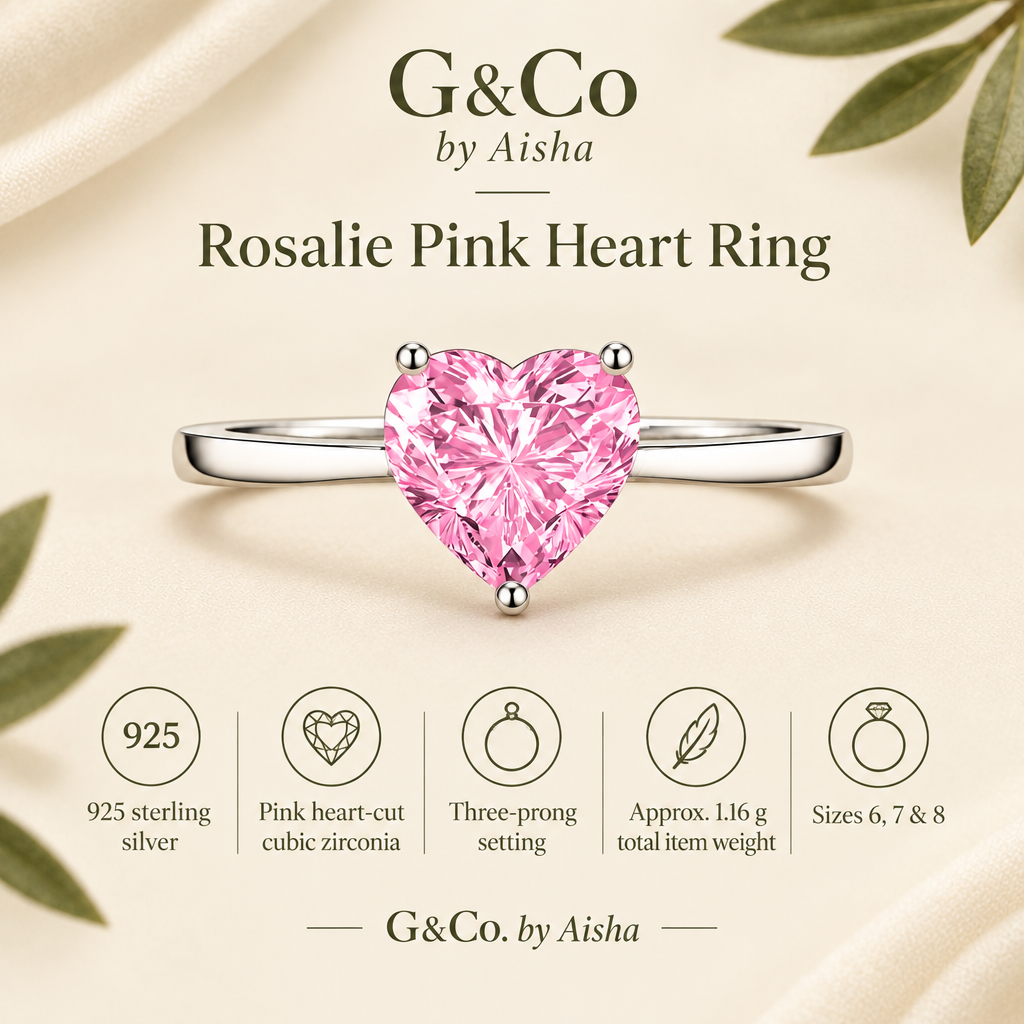 Rosalie ring infographic: 925 sterling silver, pink heart-cut cubic zirconia, three-prong setting, approx. 1.16 g total item weight, sizes 6 to 8