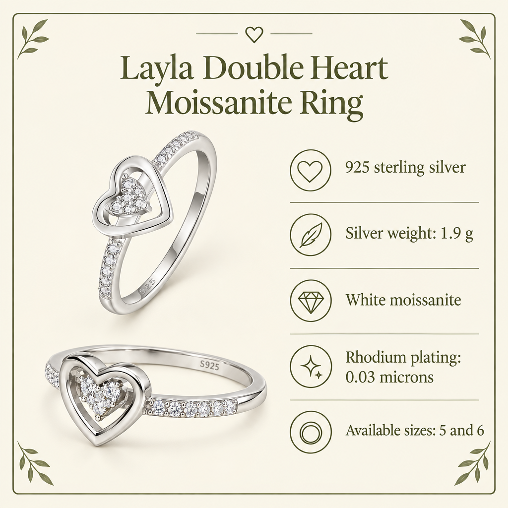 Layla double-heart moissanite ring infographic with 925 silver, 1.9 g silver weight, rhodium plating and sizes 5 and 6