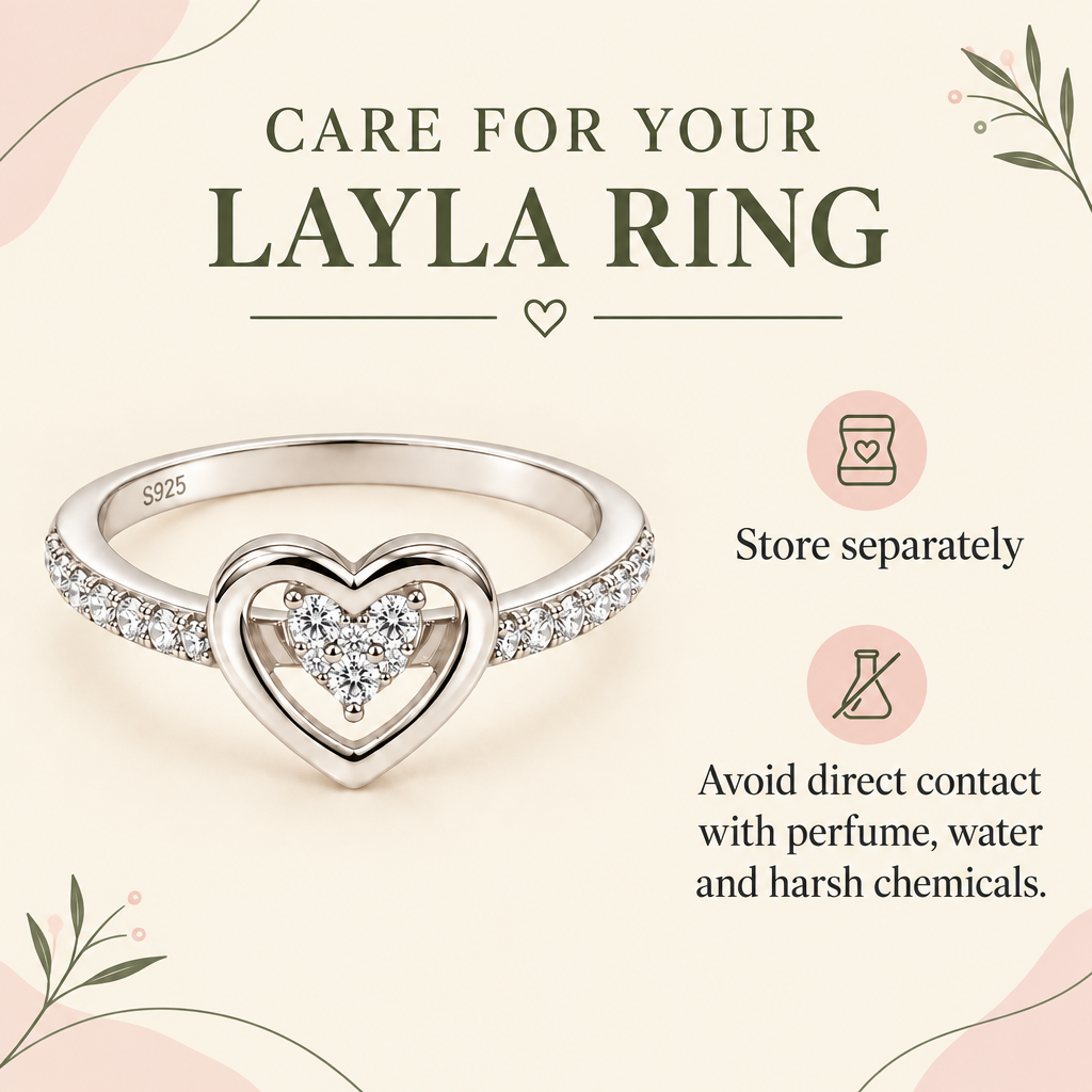 Care guide for Layla ring: store separately and avoid perfume, water and harsh chemicals