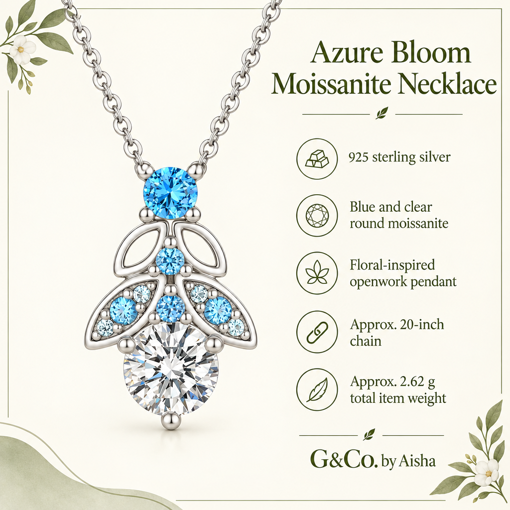 Infographic: 925 sterling silver, blue and clear moissanite, approx. 20-inch chain and 2.62 g total item weight