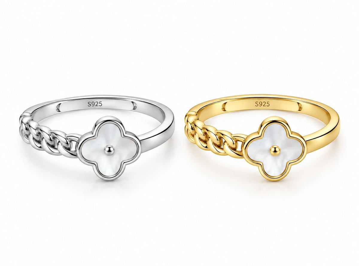 Iris petite clover chain ring, view 7: small four-leaf clover on a chain-link band, 925 sterling silver, Dubai