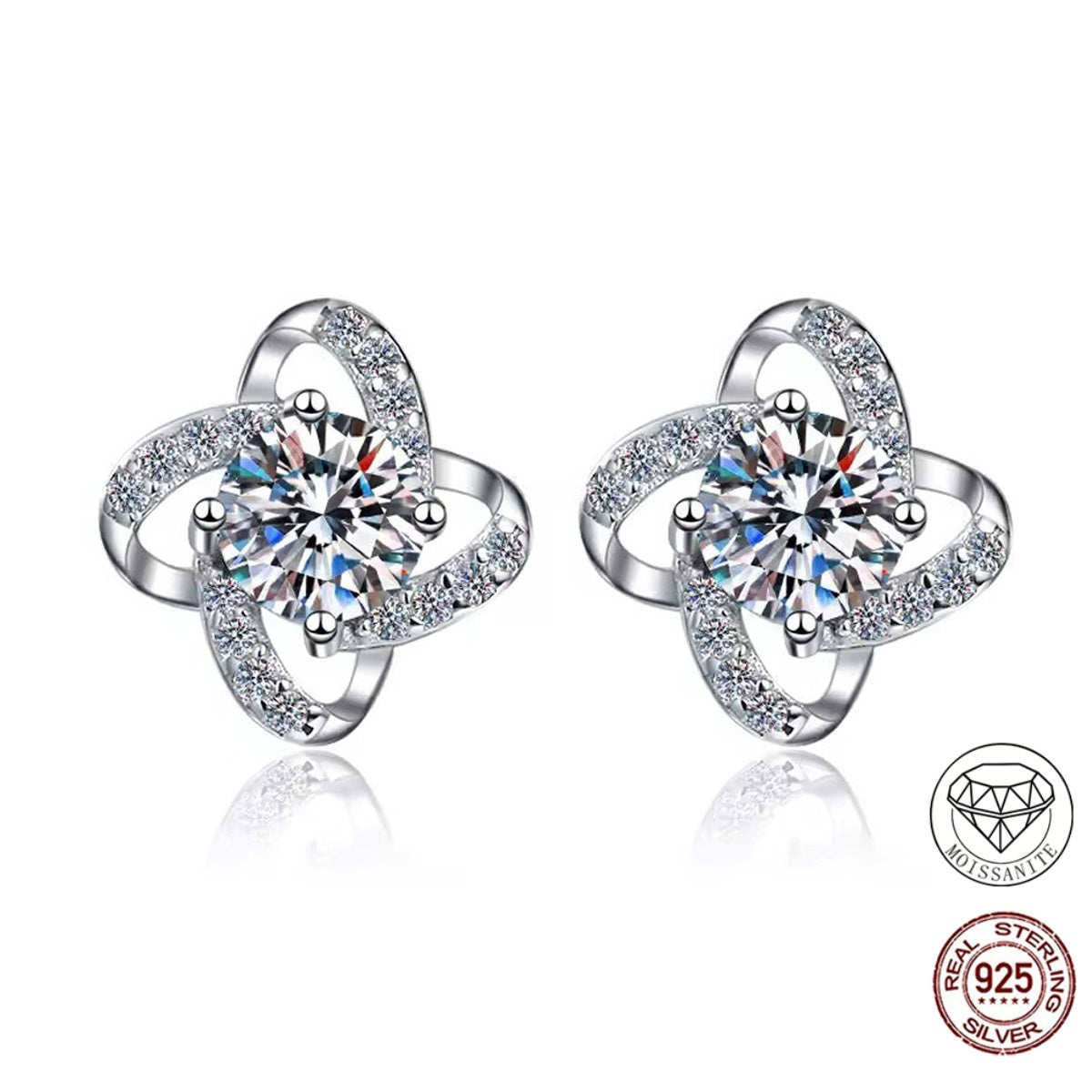 Jana four-loop flower moissanite stud earrings close-up: 4 mm moissanite studs in a four-loop flower frame, Dubai