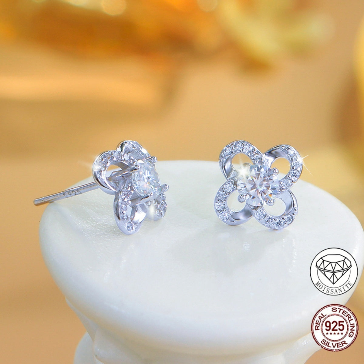 Jana four-loop flower moissanite stud earrings, view 4: 4 mm moissanite studs in a four-loop flower frame, Dubai