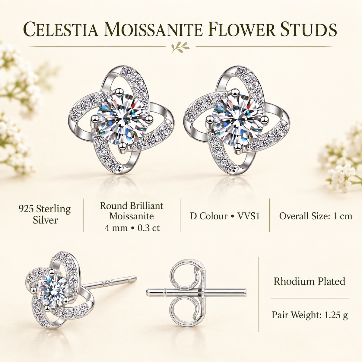 Jana four-loop flower moissanite stud earrings, view 2: 4 mm moissanite studs in a four-loop flower frame, Dubai