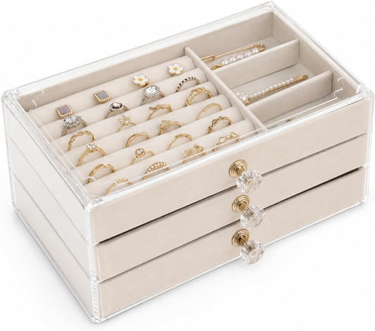 Kanz 3-drawer jewellery box organizer close-up: brown three-drawer box with velvet lining and clear acrylic lid, Dubai