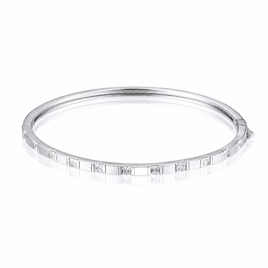 Kira CZ bangle bracelet close-up: polished rhodium-plated bangle set with CZ, 925 sterling silver, Dubai
