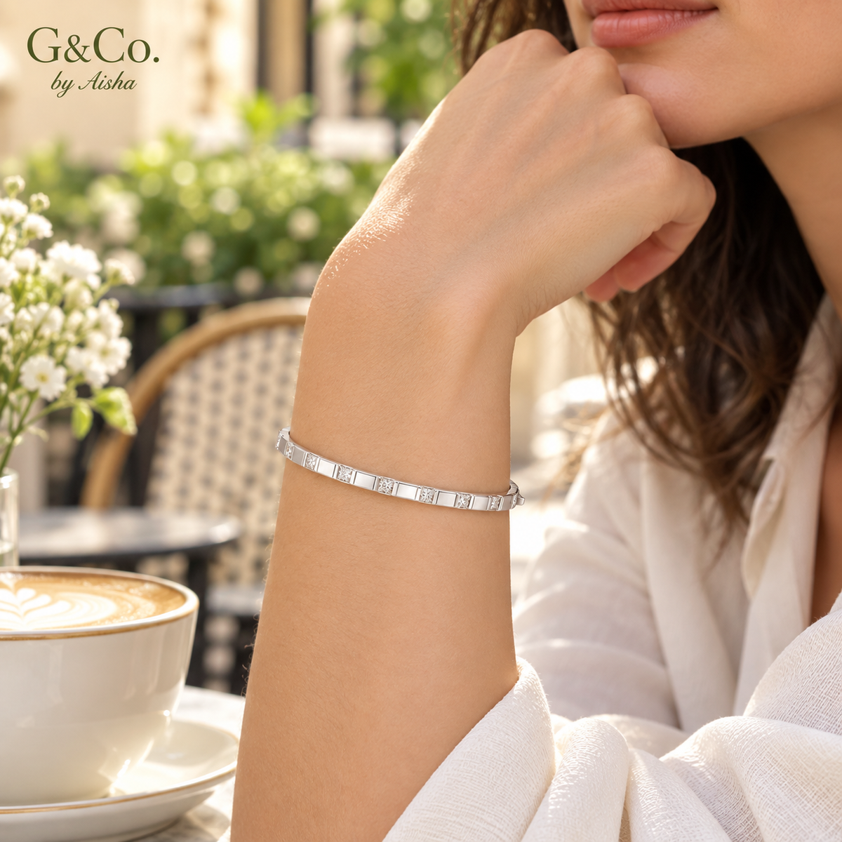 Kira CZ bangle bracelet, view 4: polished rhodium-plated bangle set with CZ, 925 sterling silver, Dubai